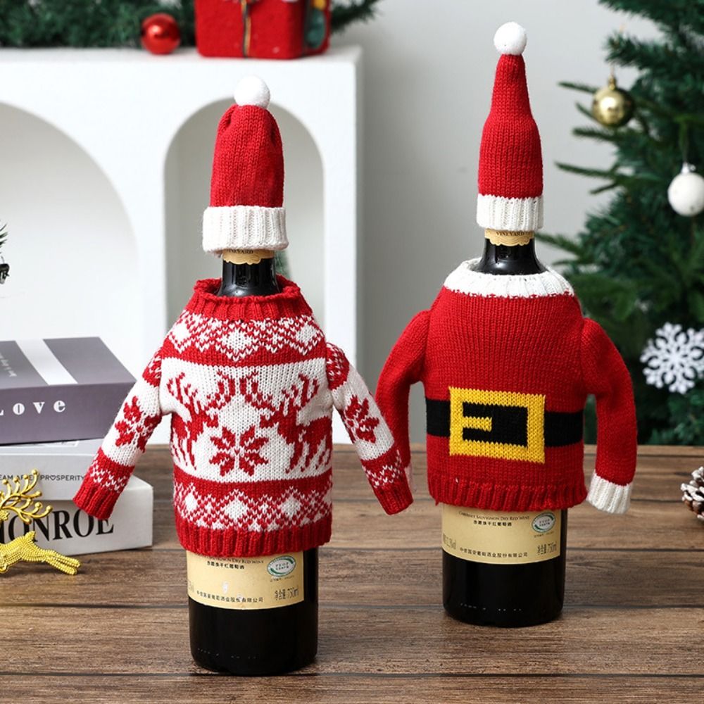 Wine Beer Hat - Elk-Weinflaschenhülle Schneeflocke mit Mini-Weihnachtsmannmütze Weihnachtliche Strickflaschenhülle
